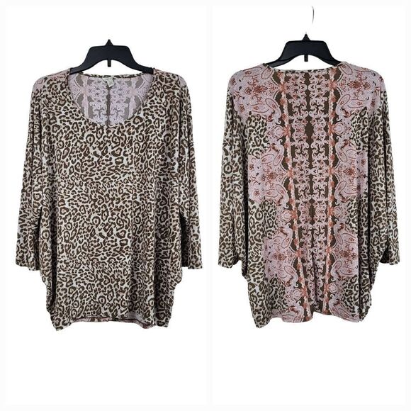 Cato Mixed Scarf Animal Print Oversize Drop Shoulder Slinky Tunic Blouse Leopard - Picture 2 of 10